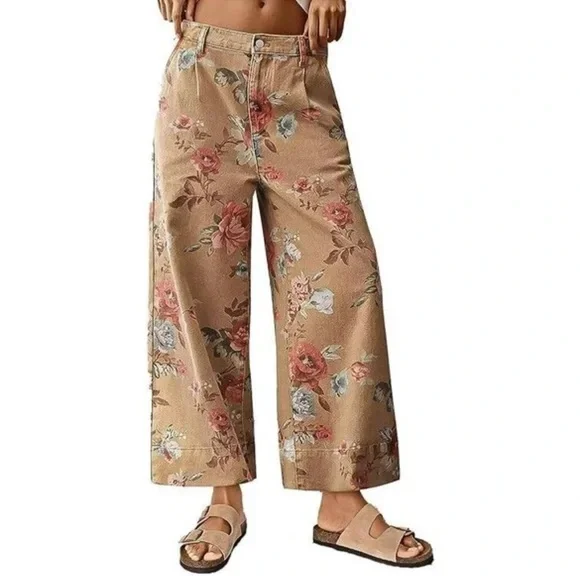 Flamingals Women's Floral Print Wide Leg Cropped Pants Mid Rise Boho Ankle - Picture 2 of 6